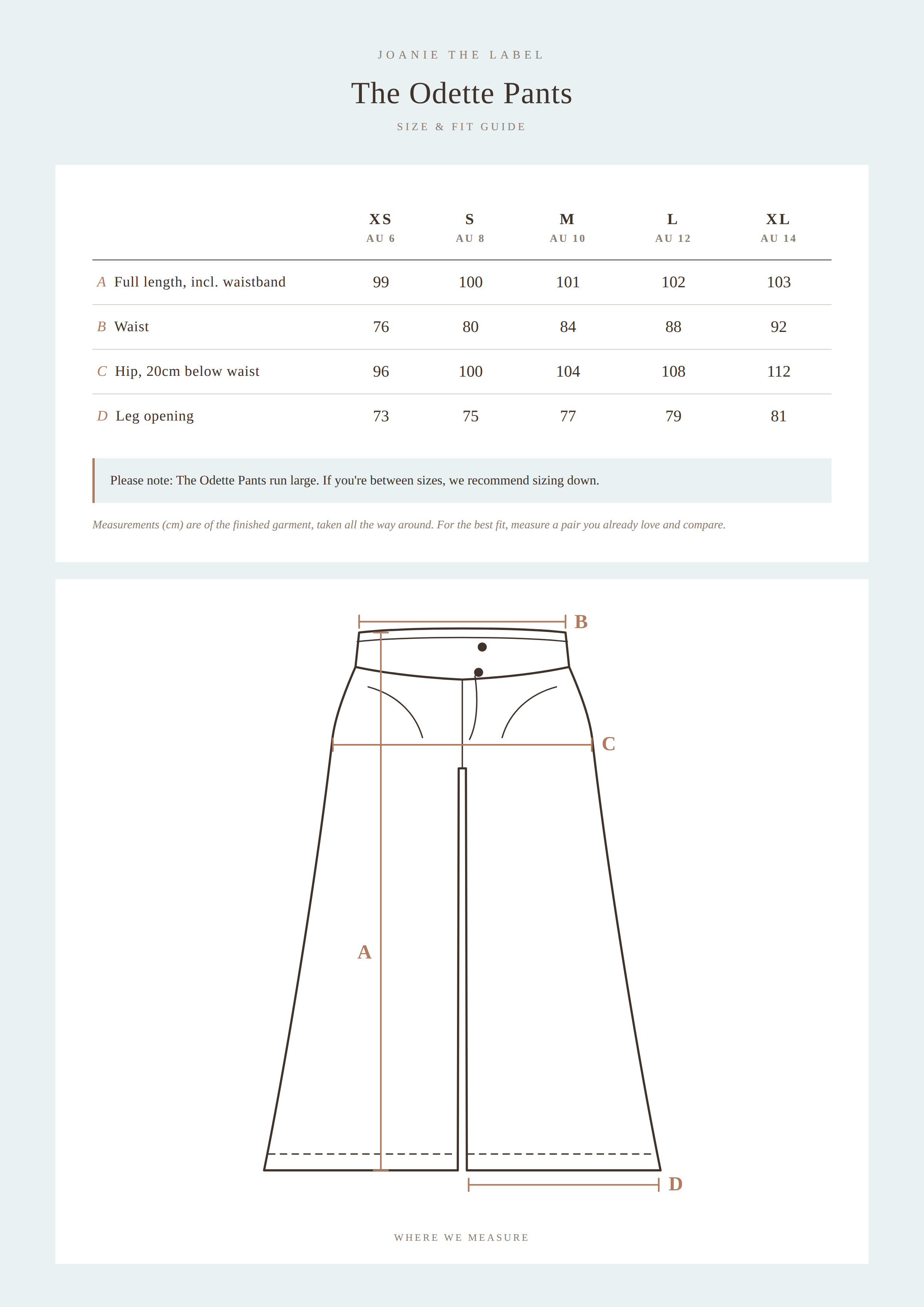 The Odette pants size guide